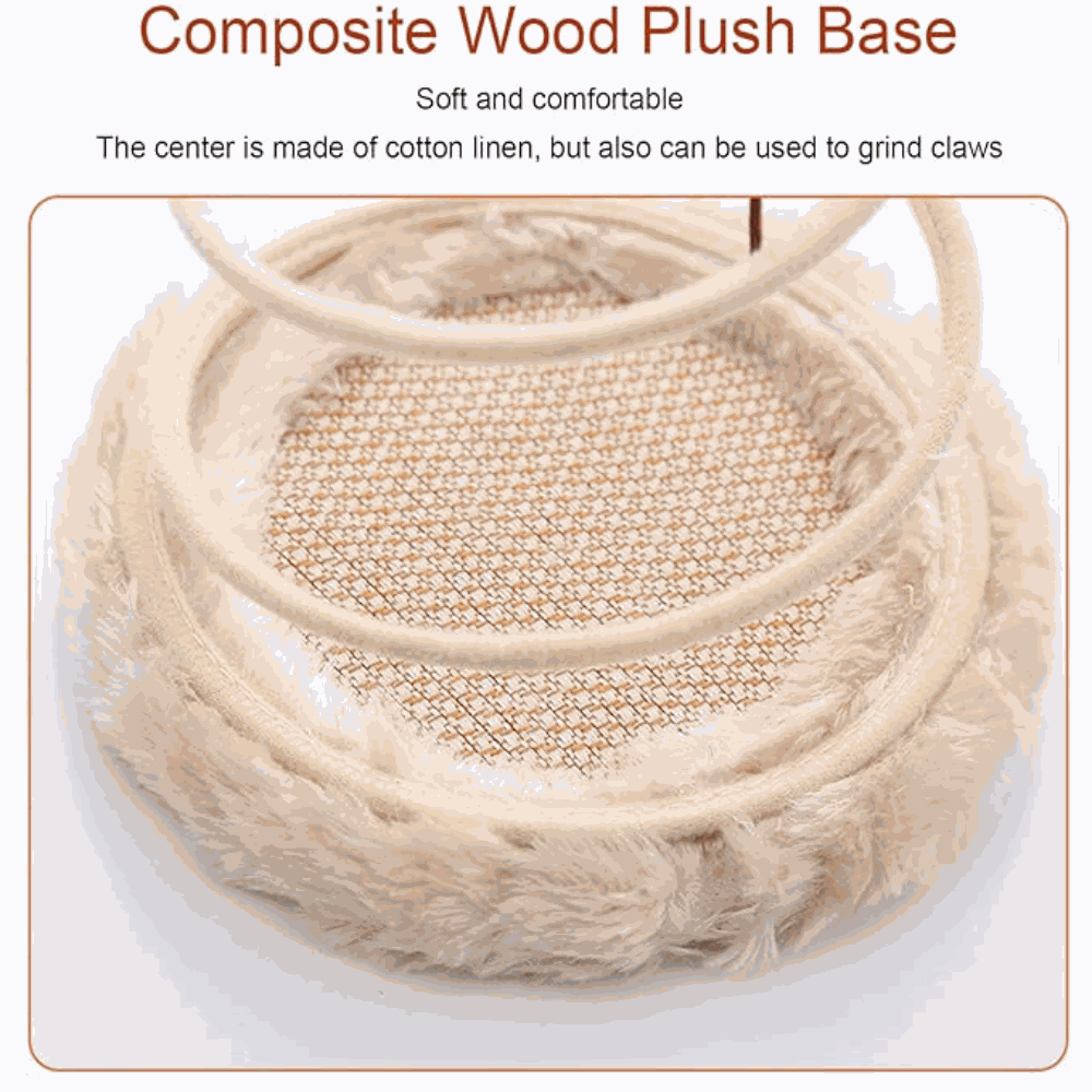 Wooden cat toy with plush base and cotton linen center on a white background