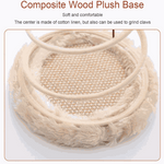 Wooden cat toy with plush base and cotton linen center on a white background