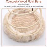 Wooden cat toy with plush base and cotton linen center on a white background