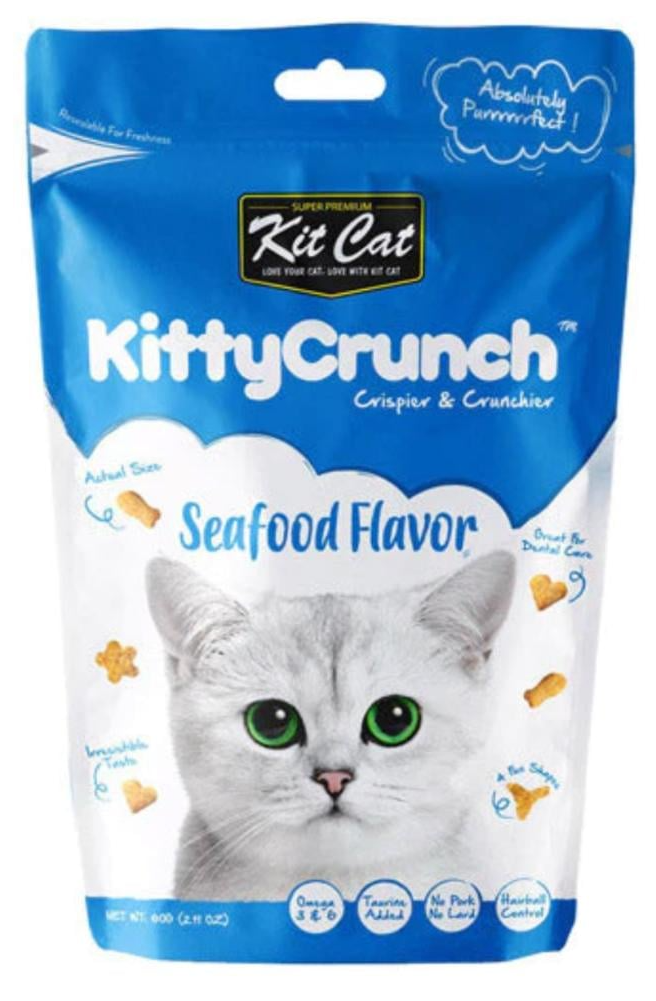 Kitty Crunch Seafood Flavor cat treat package with a cat's face on the front.