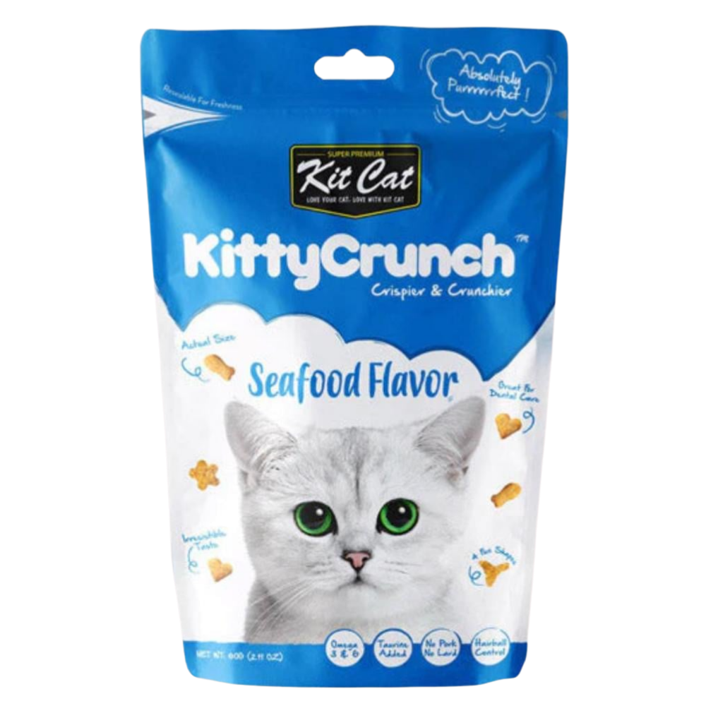Kitty Crunch Seafood Flavor cat treat package with a cat's face on the front.