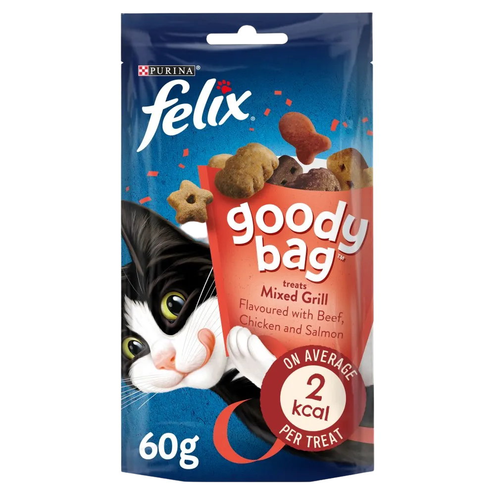 Felix cat treats packaging with a cat on a white background