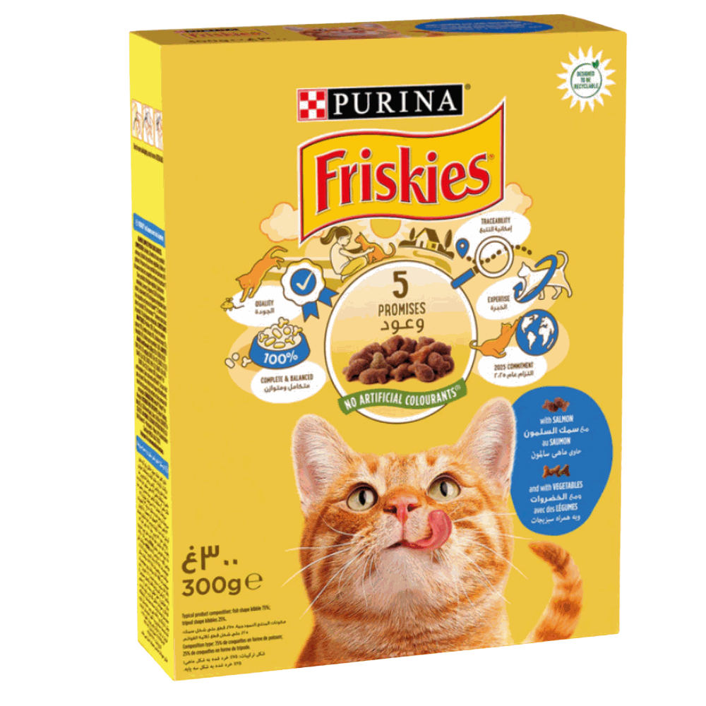 Box of Purina Friskies cat food with a yellow background