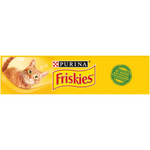 Friskies cat food packaging with a yellow background