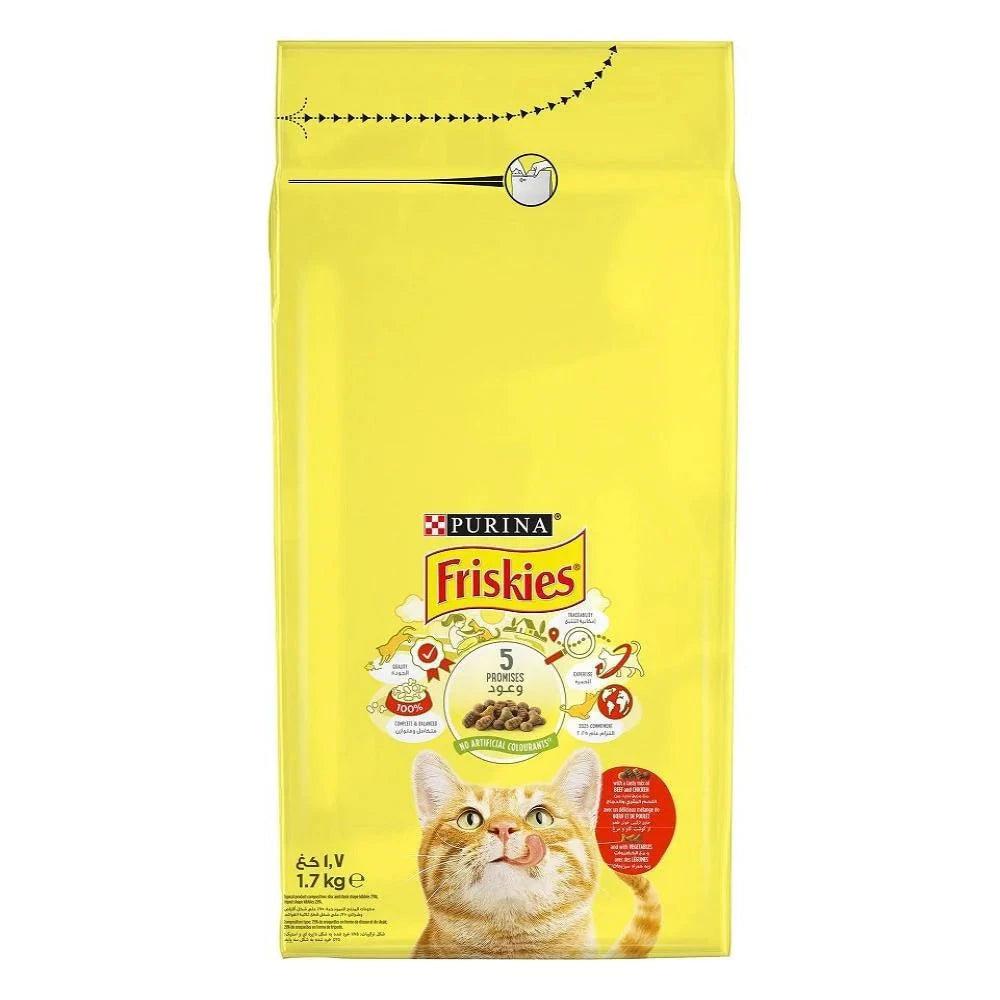 Yellow bag of Purina Friskies cat food with a cat's face on the packaging.