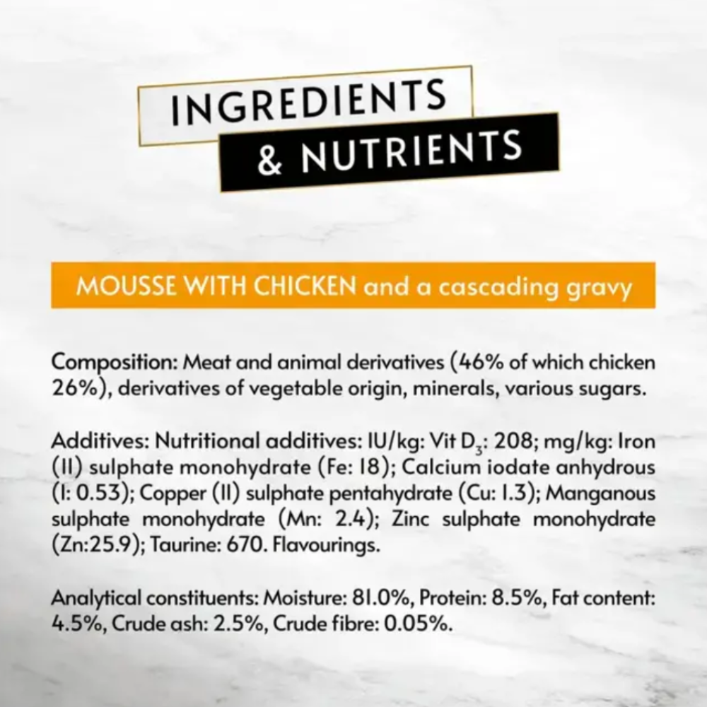 Ingredients and nutrients label for mousse with chicken and a cascading gravy on a marble background.