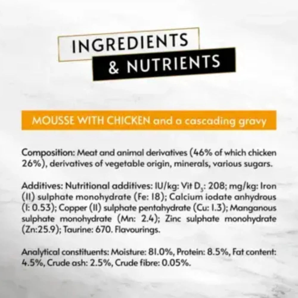 Ingredients and nutritional information label for mousse with chicken and gravy