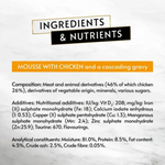 Ingredients and nutrients label for mousse with chicken and a cascading gravy on a marble background.