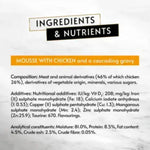 Ingredients and nutritional information label for mousse with chicken and gravy