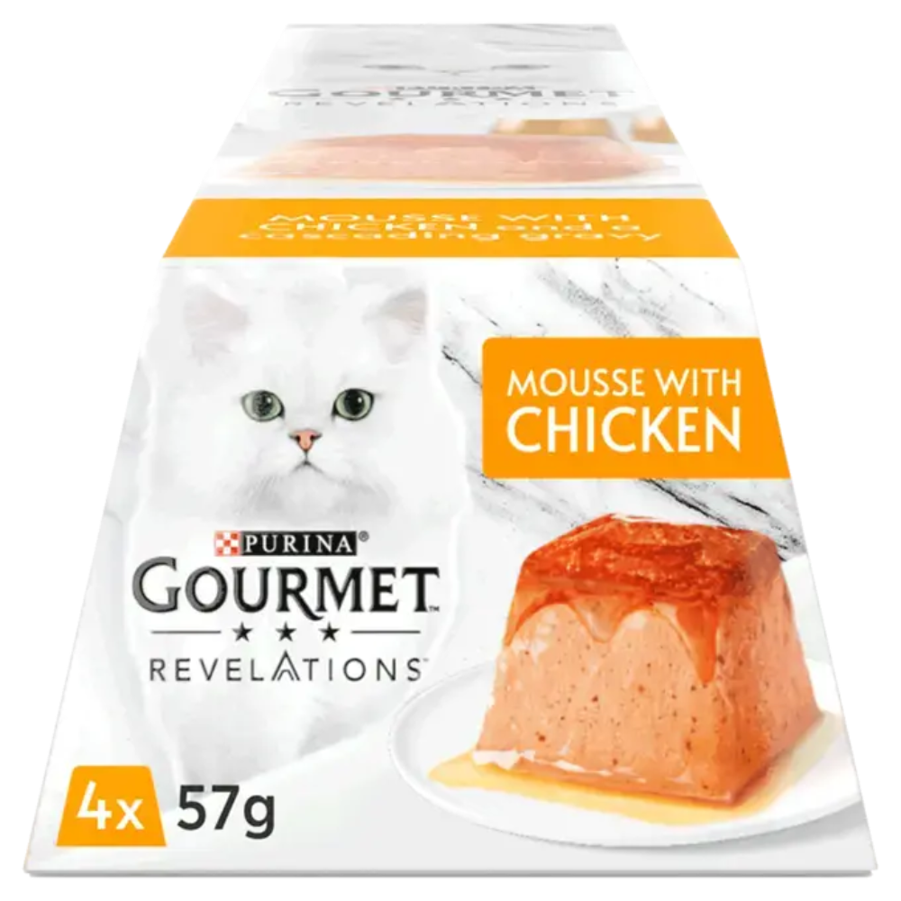Purina Gourmet Revelations cat food package with chicken mousse on a white background