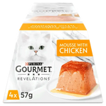 Purina Gourmet Revelations cat food package with chicken mousse on a white background