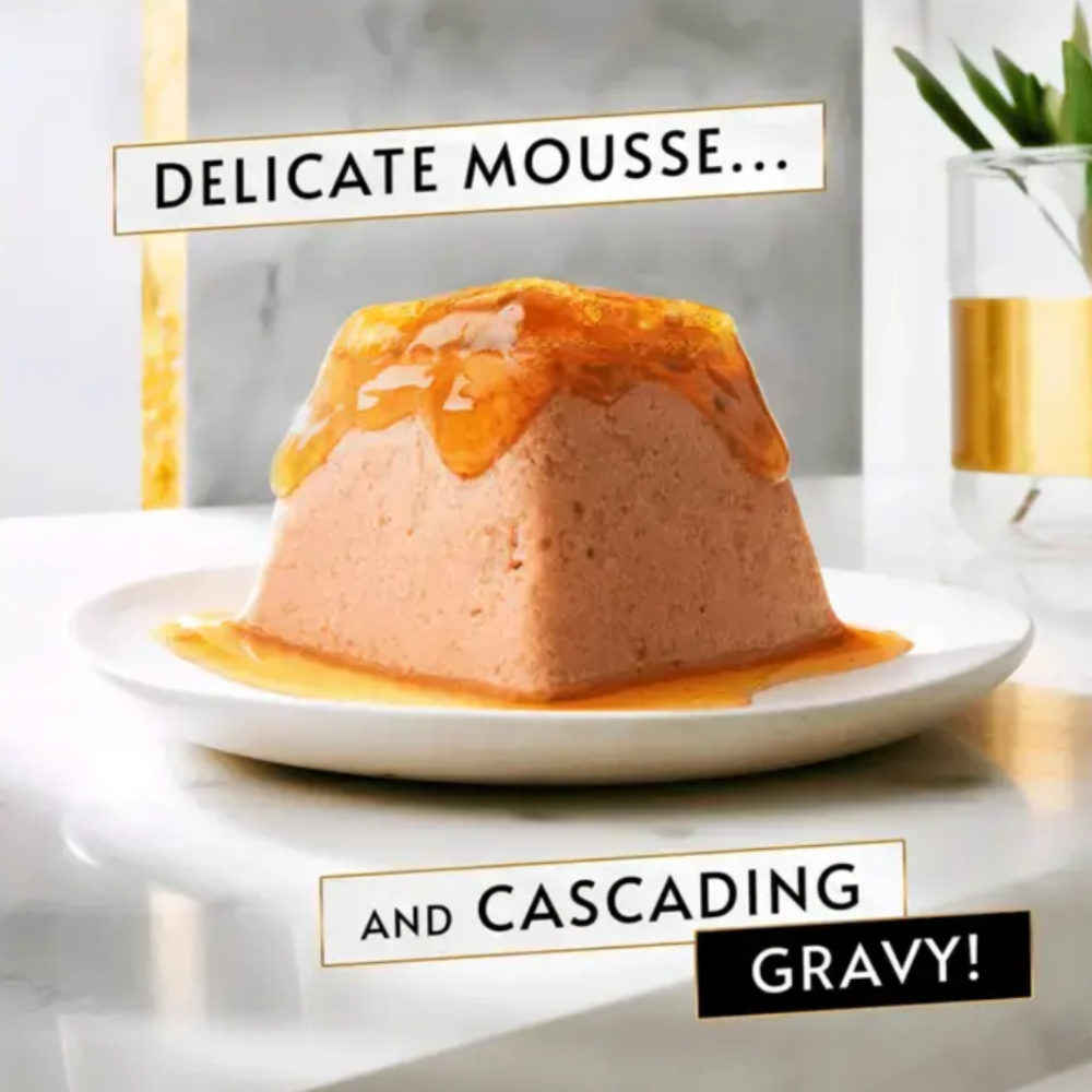 Delicate mousse dessert on a plate with text overlay on a marble surface.