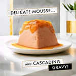 Delicate mousse dessert on a plate with text overlay on a marble surface.