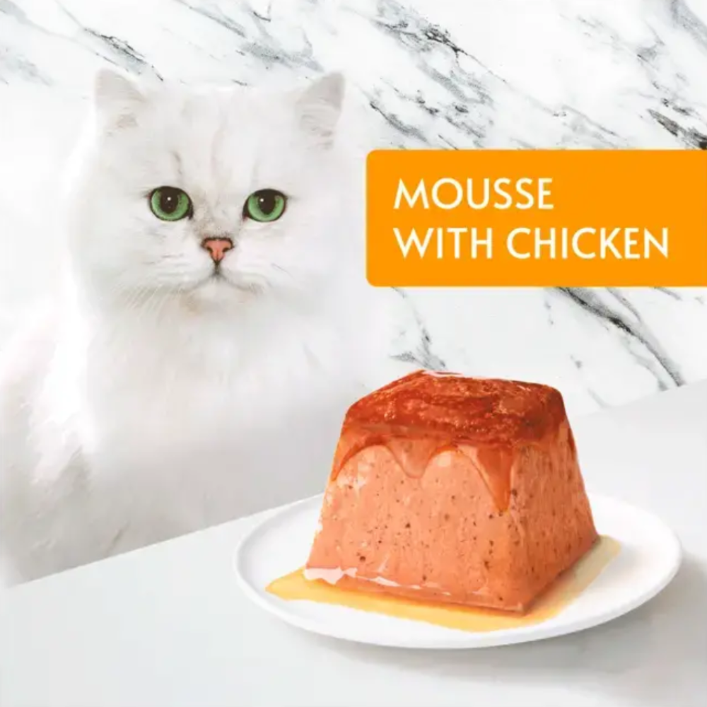 White cat looking at a piece of mousse with chicken on a marble background