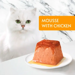 White cat looking at a piece of mousse with chicken on a marble background