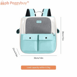 Light blue backpack with measurements and load capacity information on a white background
