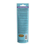 Back view of a blue pet food package with text and branding on a white background