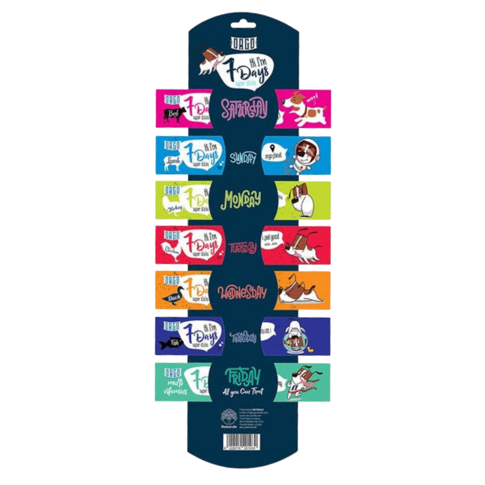 Display of colorful dog toys with various designs on a blue stand.