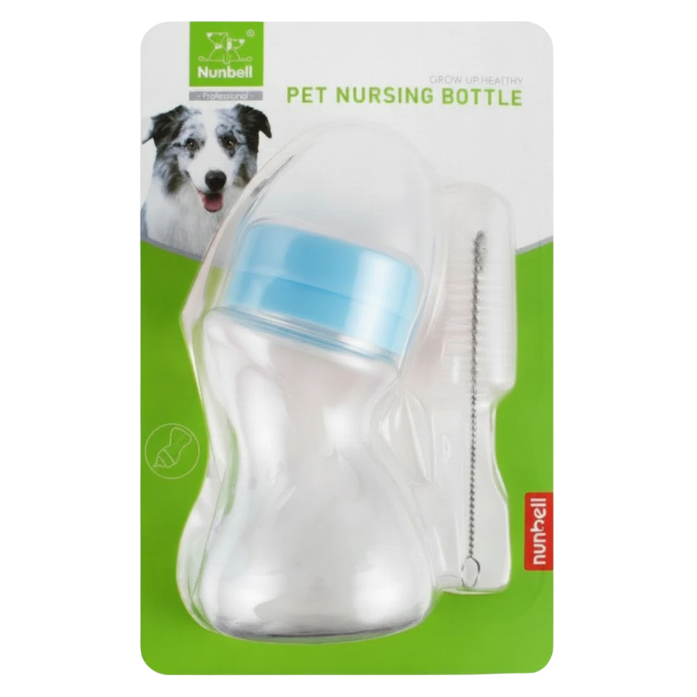 Nunbell pet nursing bottle on a green packaging background with a dog image.