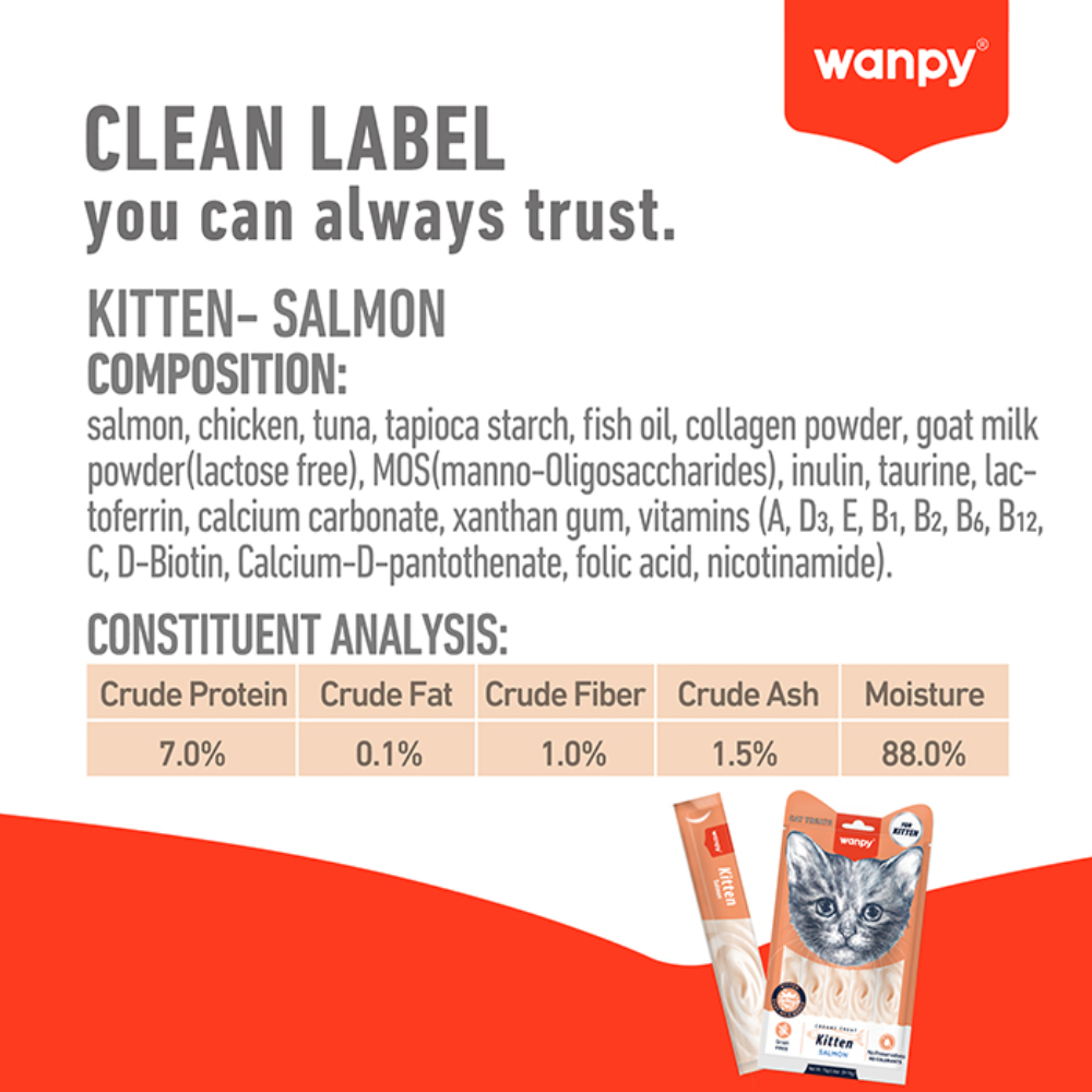 Wanpy kitten salmon food label with ingredients and analysis on a red background
