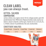 Wanpy kitten salmon food label with ingredients and analysis on a red background