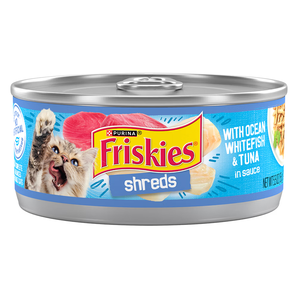 Can of Friskies Shreds cat food with ocean whitefish and tuna on a white background