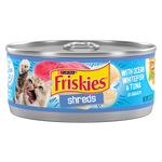 Can of Friskies Shreds cat food with ocean whitefish and tuna on a white background