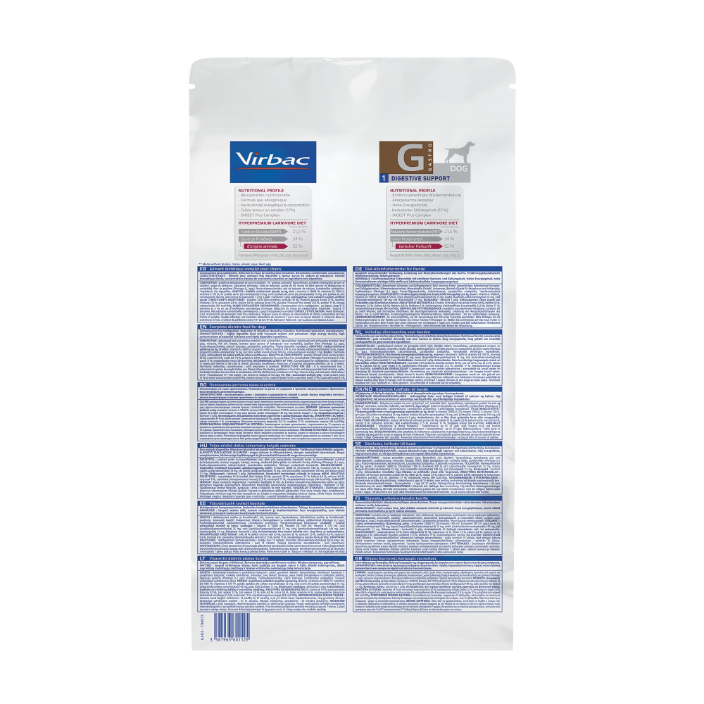 White packaging of Virbac Gastrointestinal Support for pets on a white background