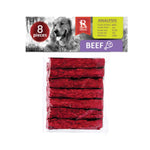 Pack of red dog treats with a label indicating 8 pieces, beef flavor, and a dog on the packaging.
