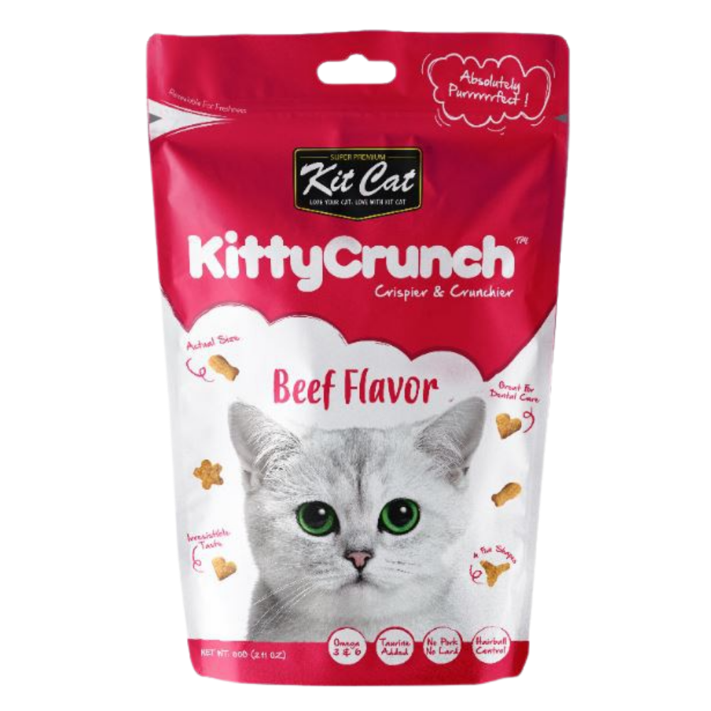 Kitty Crunch Beef Flavor cat food package with a cat on the front.