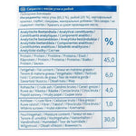 Nutritional label for a pet food product with protein, fat, fiber, and moisture content percentages.
