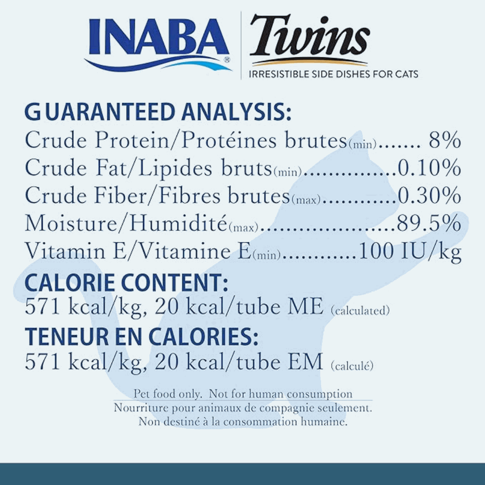 Nutritional label for INABA Twins cat food on a white background