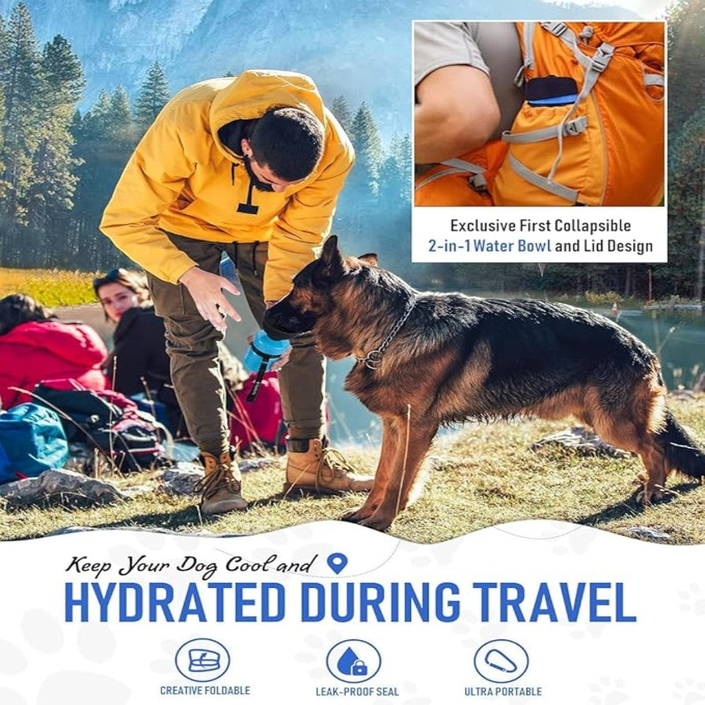 Person with a dog in a mountainous area, promoting a collapsible water bowl for travel.