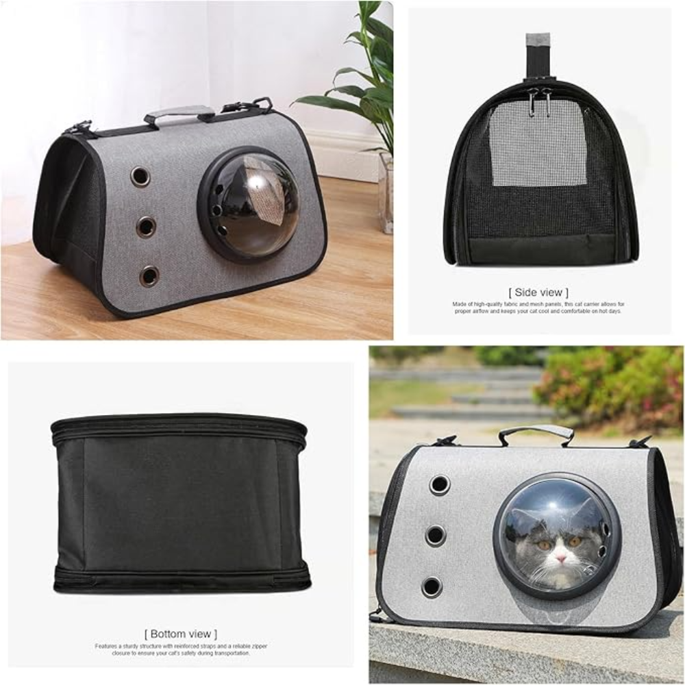 Pet carrier with transparent sphere for visibility, shown from multiple angles.