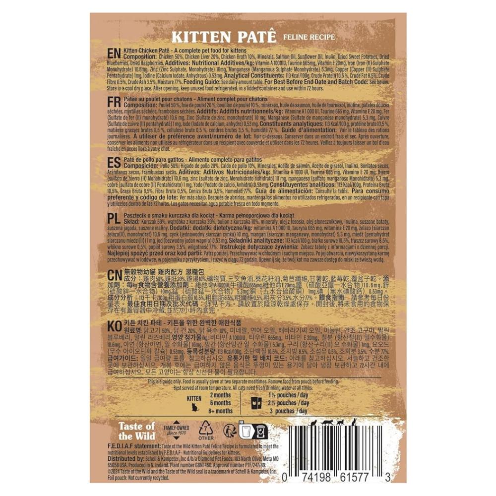 Back of a cat food package with text and branding