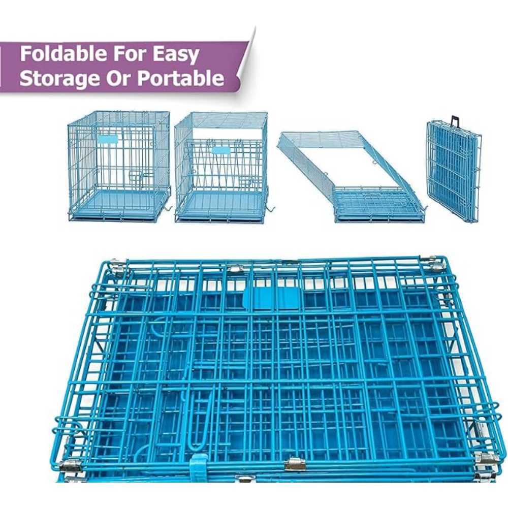 Blue metal cage shown in various stages of folding on a white background with text indicating foldable design.