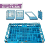 Blue metal cage shown in various stages of folding on a white background with text indicating foldable design.