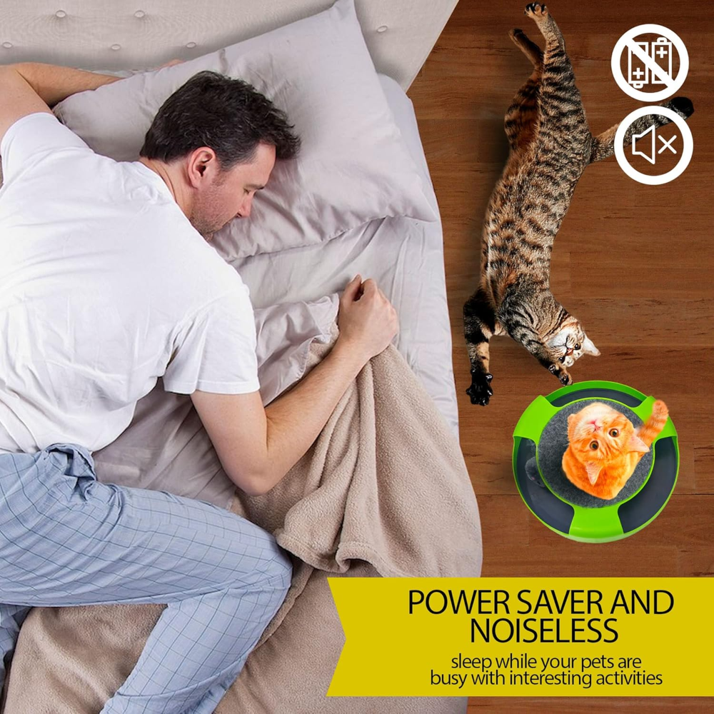 Man sleeping on a bed with a cat playing on the floor, featuring a power saver and noiseless product.