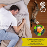 Man sleeping on a bed with a cat playing on the floor, featuring a power saver and noiseless product.