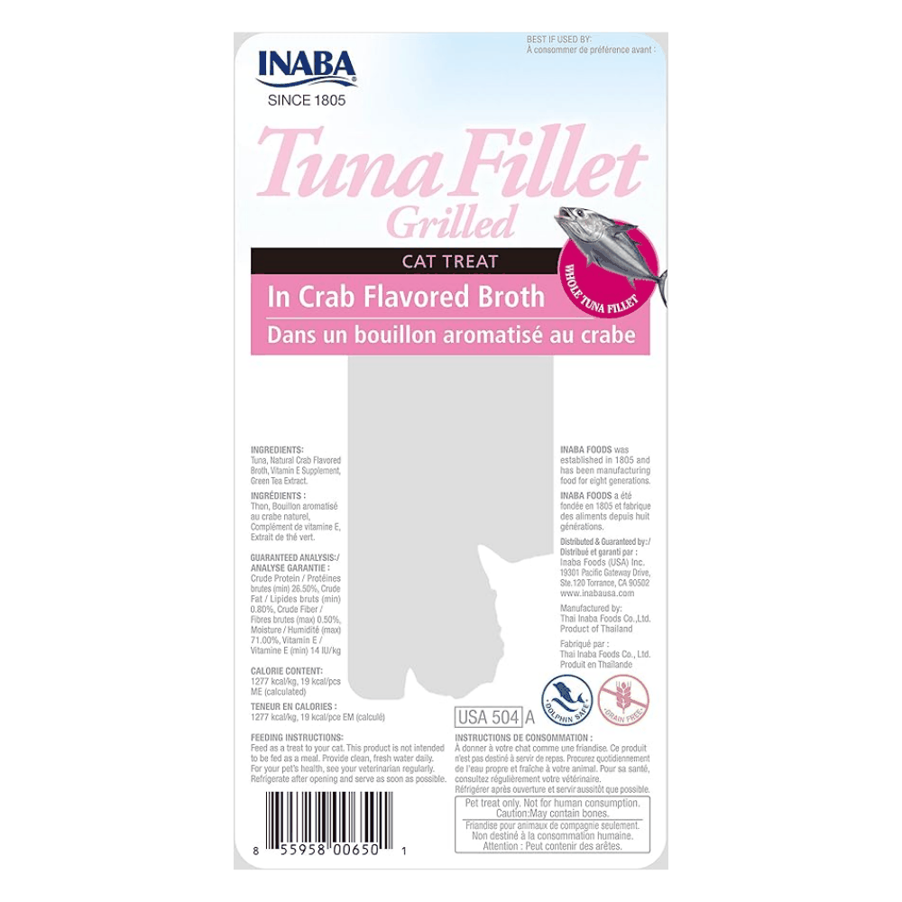 INABA grilled tuna fillet cat treat packaging with crab flavor description