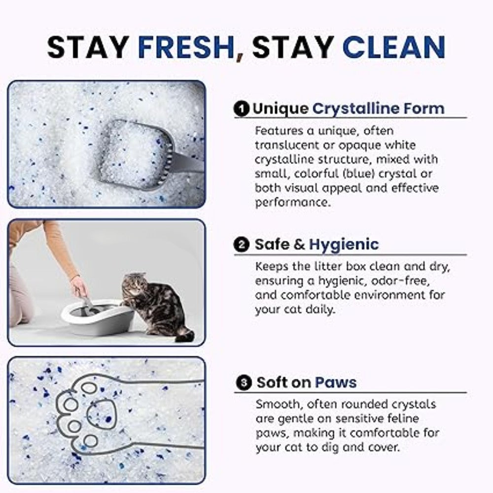 Product advertisement for crystal cat litter with images and text on a white background