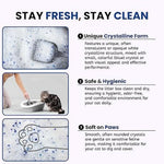 Product advertisement for crystal cat litter with images and text on a white background