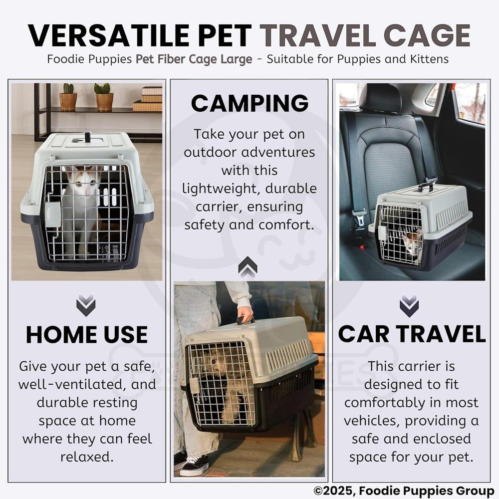 Versatile pet travel cage with usage scenarios for camping, home use, and car travel.