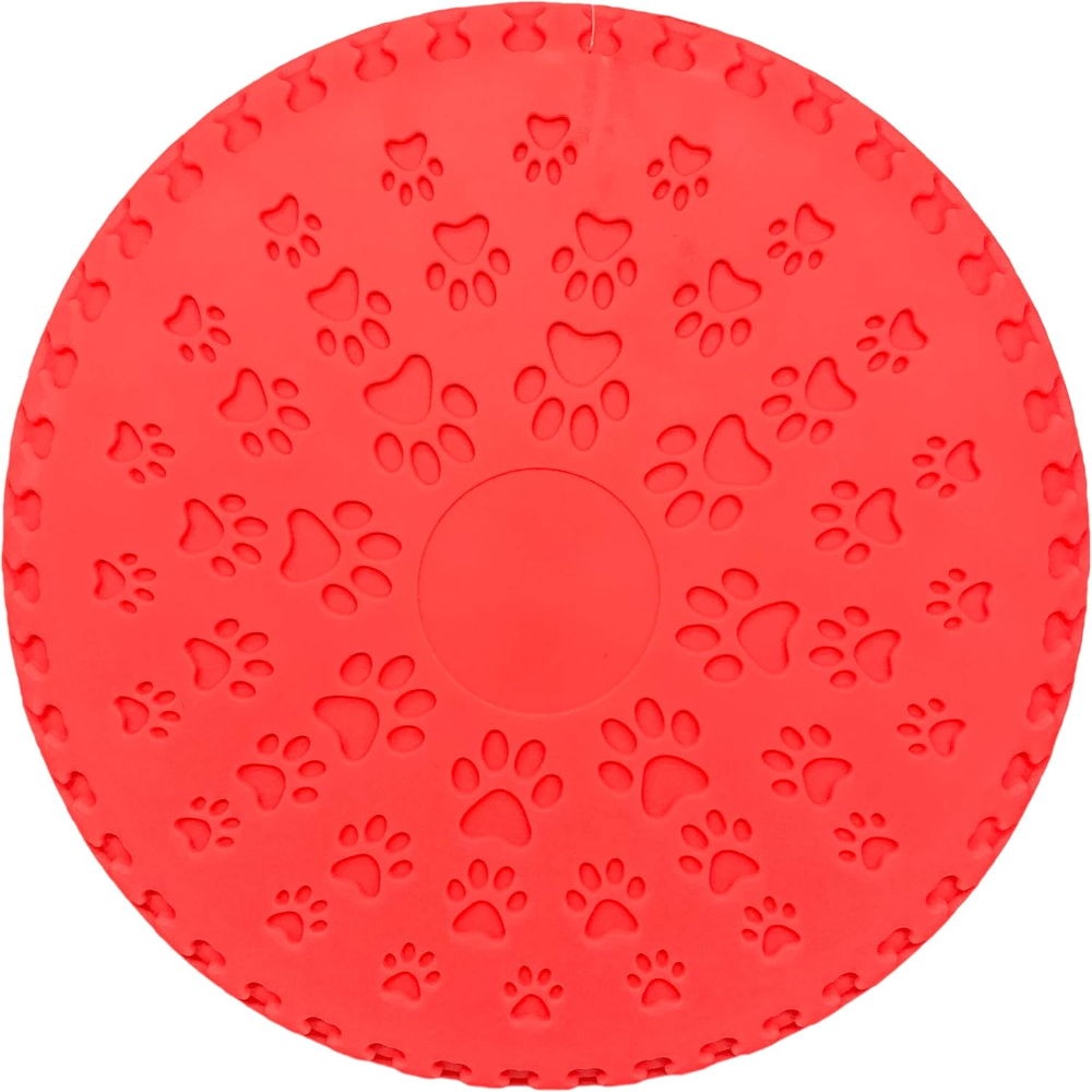 Red circular mat with paw print pattern on a white background