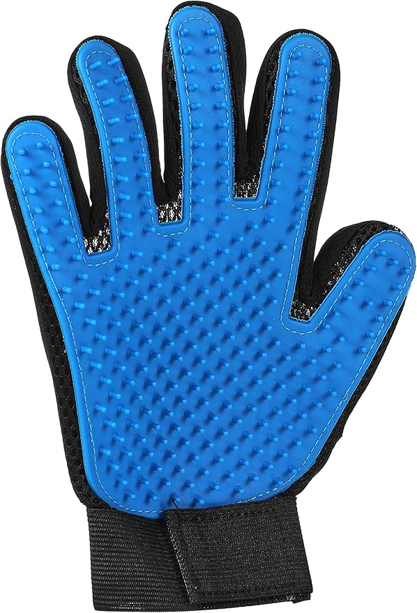 Blue grooming glove with textured surface on a white background