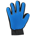 Blue grooming glove with textured surface on a white background