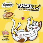 Temptations cat treats packaging with a cartoon cat and text about multivitamins and tuna flavor.