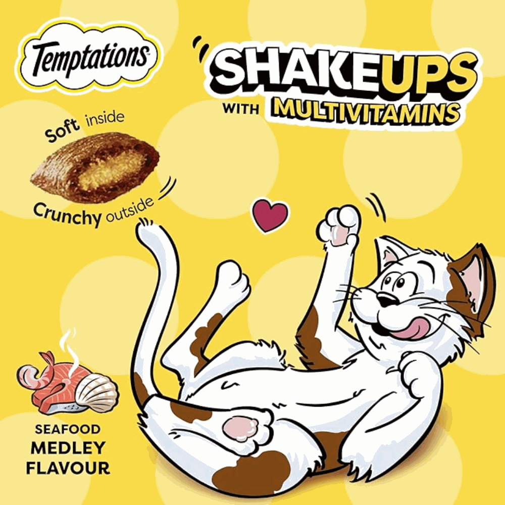 Temptations cat treats packaging with a cartoon cat and text about the product on a yellow background.