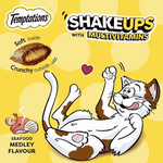 Temptations cat treats packaging with a cartoon cat and text about the product on a yellow background.