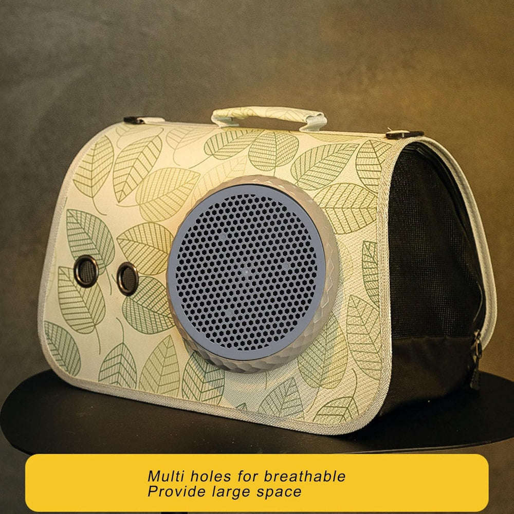 Pet carrier with leaf pattern and breathable design on a dark background